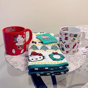 Hello Kitty Christmas Set - (2) Ceramic Christmas Mugs & 2 Pack of Hand Towels